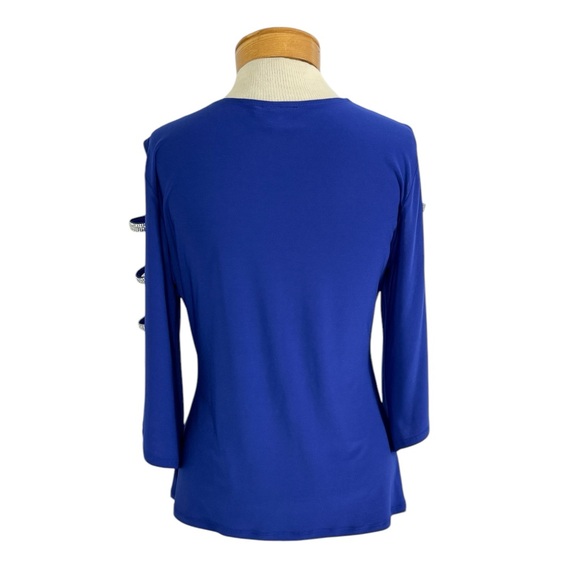 Prelude M Royal Blue Split Sleeve Rhinestone Accent Faux Wrap Top - Picture 7 of 10